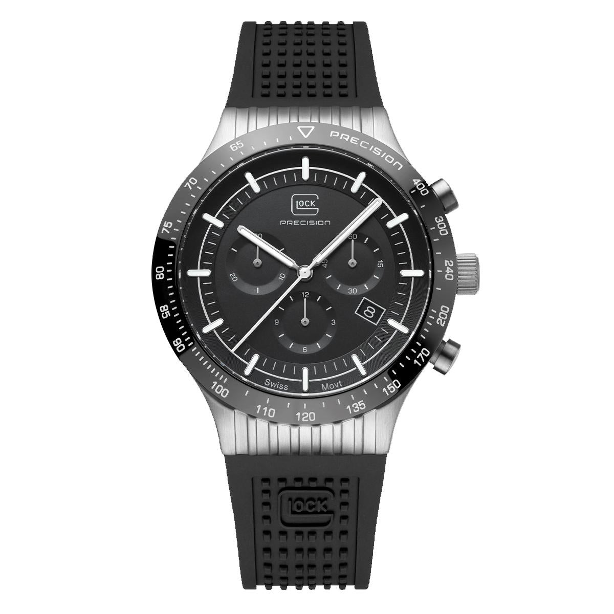 MEN&#39;S STAINLESS STEEL GLOCK WATCH WITH BLACK BEZEL AND DIAL, 43MM