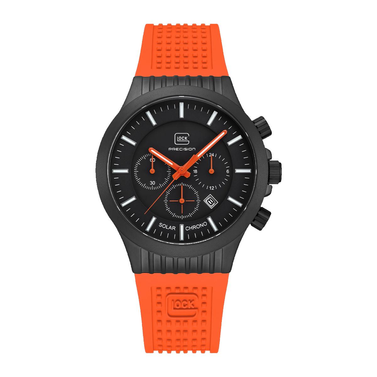 MEN&#39;S BLACK STAINLESS STEEL GLOCK WATCH WITH ORANGE SILICONE STRAP