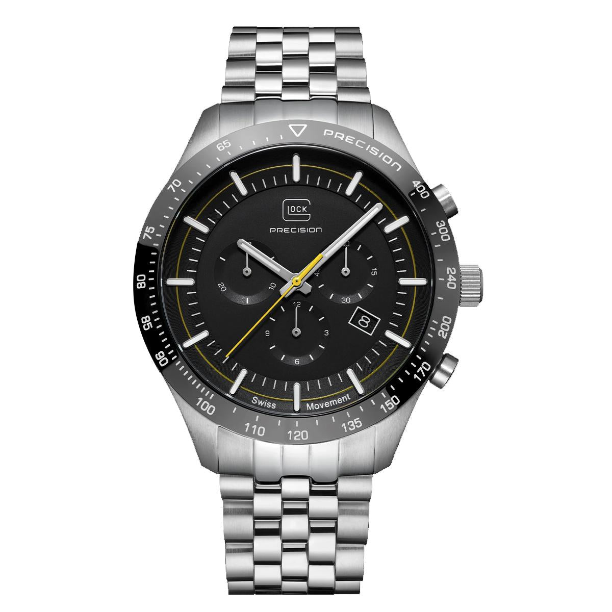 MEN&#39;S STAINLESS STEEL GLOCK WATCH WITH BLACK BEZEL AND DIAL, 46MM