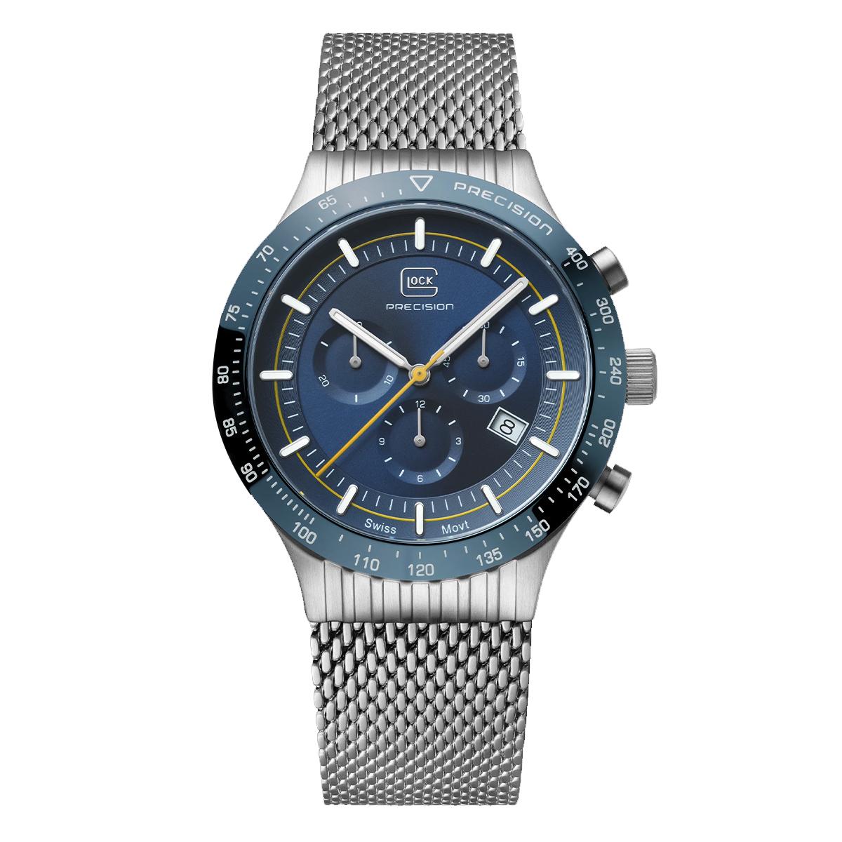 MEN'S STAINLESS STEEL GLOCK WATCH BLUE BEZEL AND MESH STRAP, 43MM