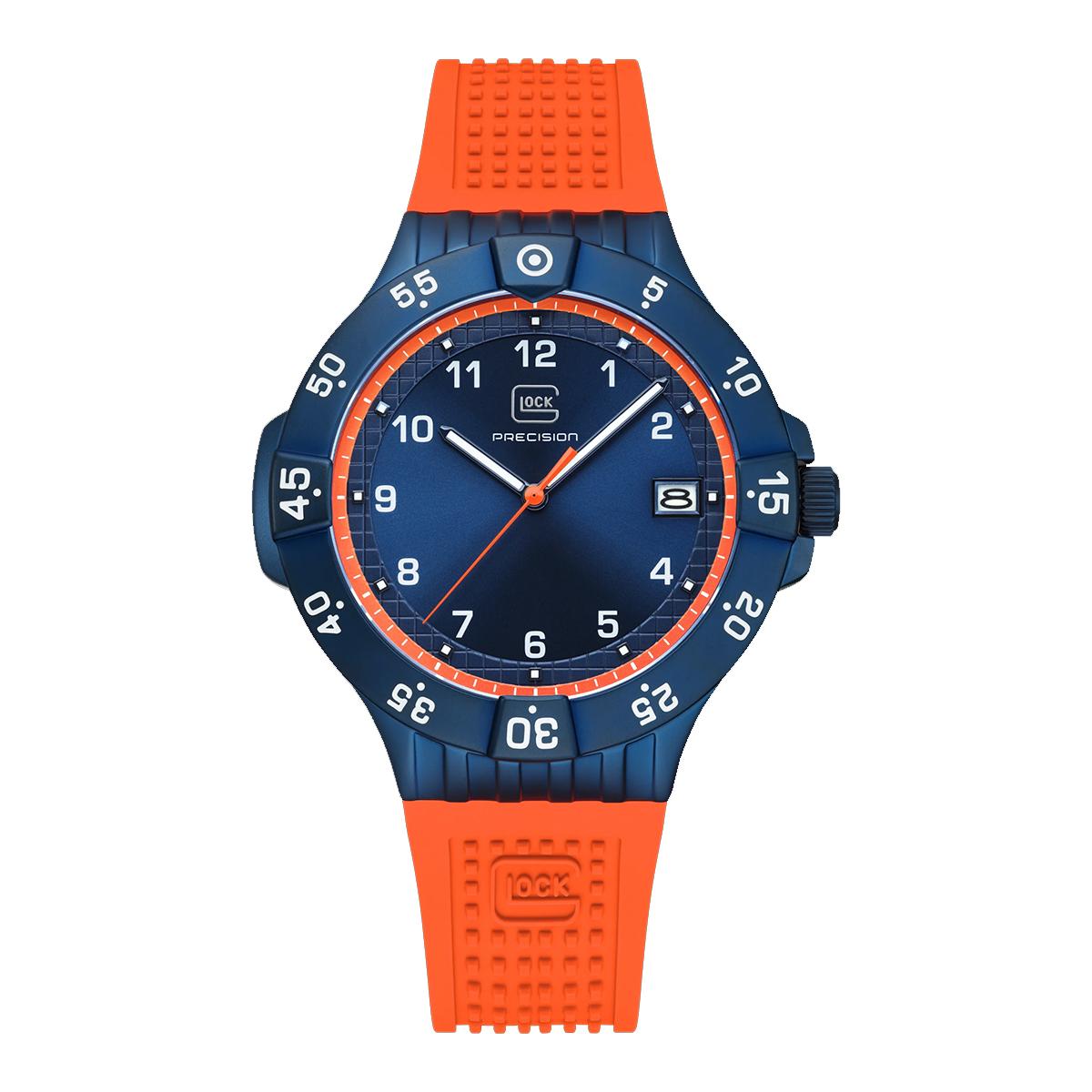 MEN'S BLUE STAINLESS STEEL GLOCK WATCH ORANGE SILICONE BAND, 43MM