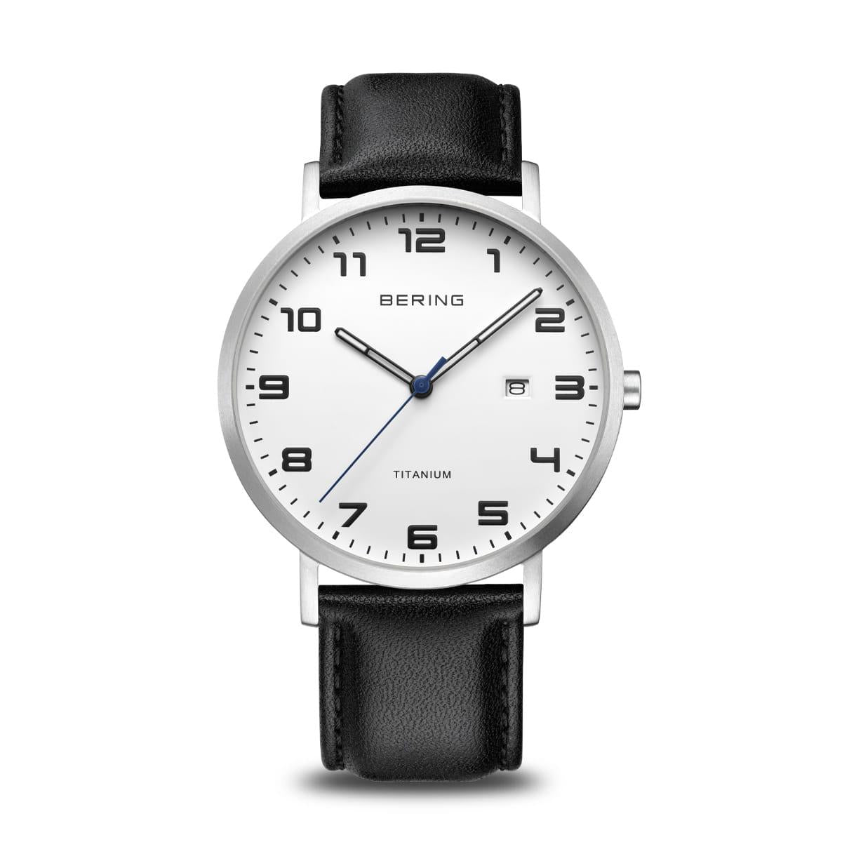 MEN&#39;S TITANIUM BLACK LEATHER BERING WATCH WITH DATE