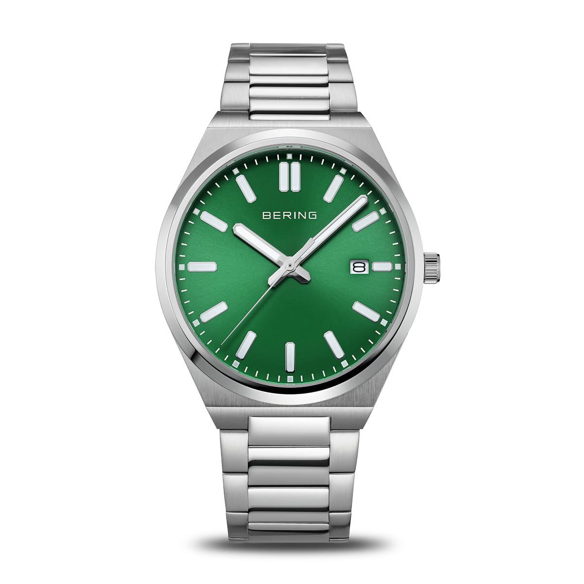 MEN&#39;S STAINLESS STEEL BERING WATCH WITH GREEN DIAL AND DATE