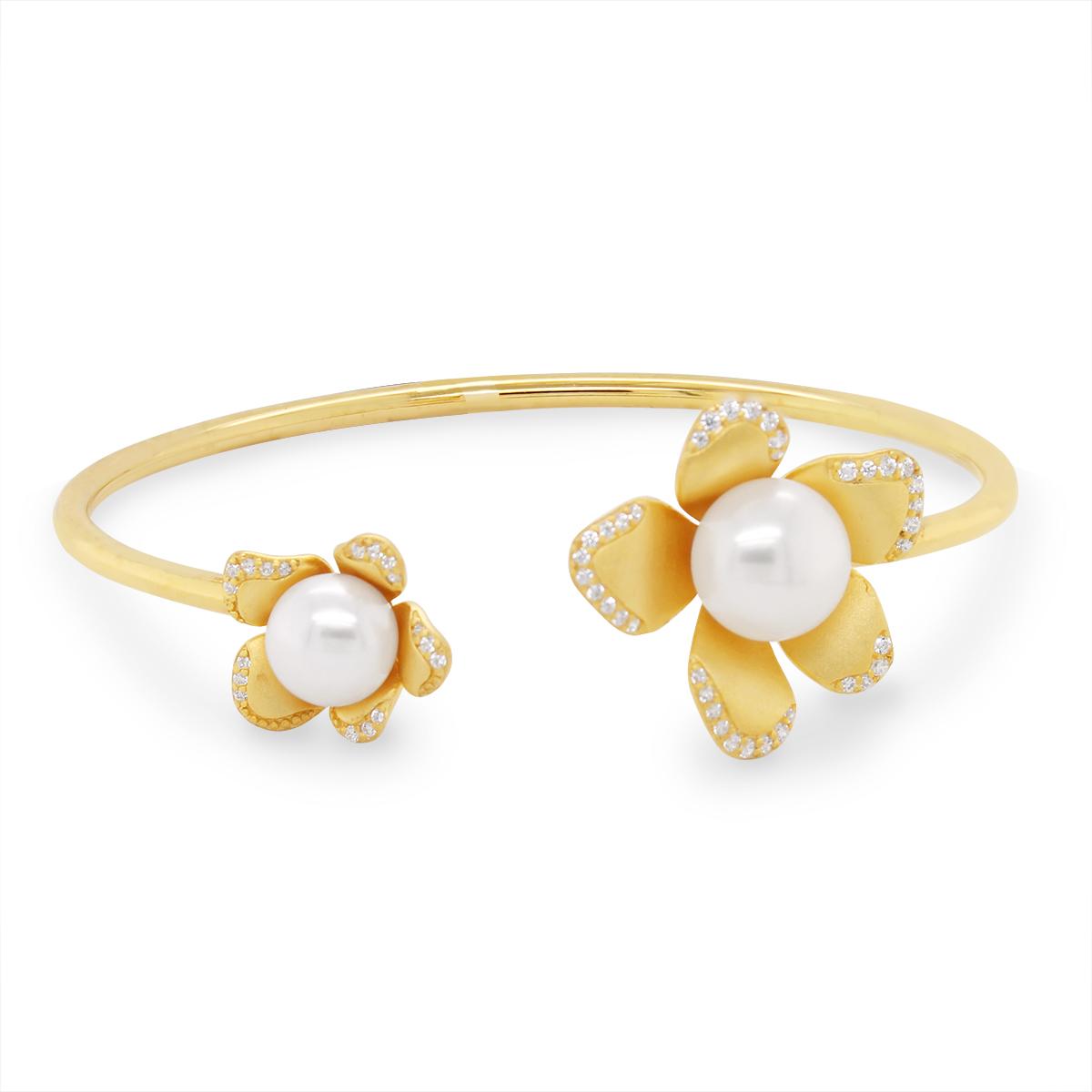 GOLD PLATED PEARL AND CUBIC ZIRCONIA BANGLE BRACELET