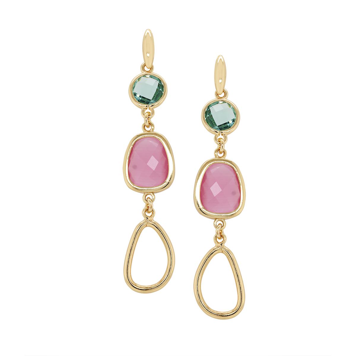 GOLD PLATED PINK AND BLUE CRYSTAL DANGLE EARRINGS