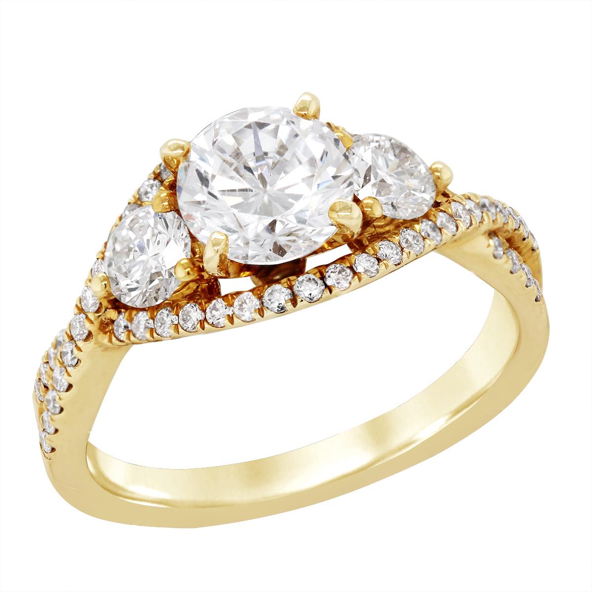 YELLOW GOLD TRIPLE DIAMOND ENGAGEMENT RING SETTING, .70 CT TW