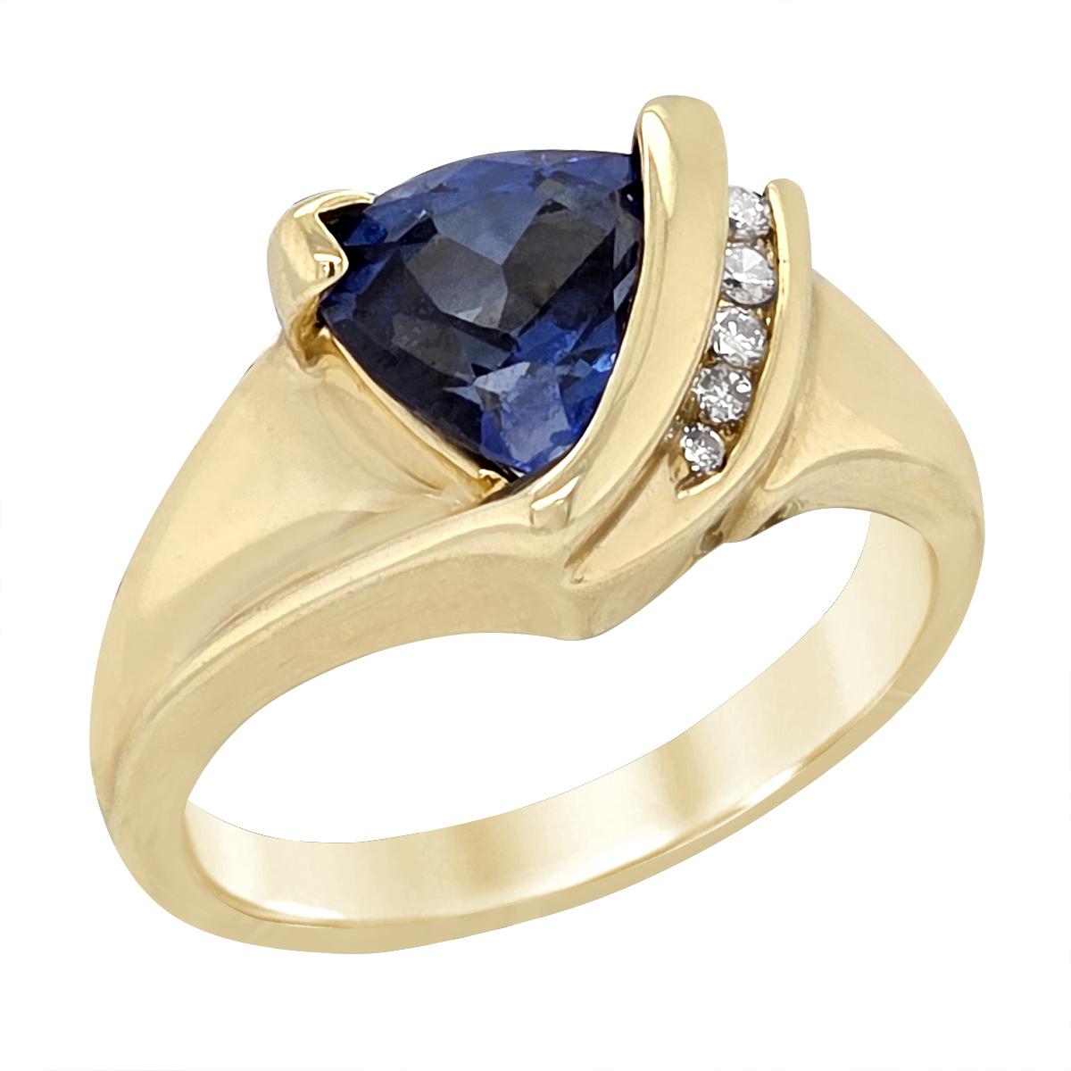 YELLOW GOLD TRILLION SAPPHIRE RING WITH DIAMONDS, 1/10 CT TW