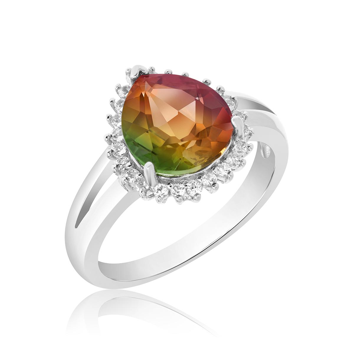 SILVER LAB GROWN PEAR SHAPED LUSTERINE AND WHITE SAPPHIRE RING