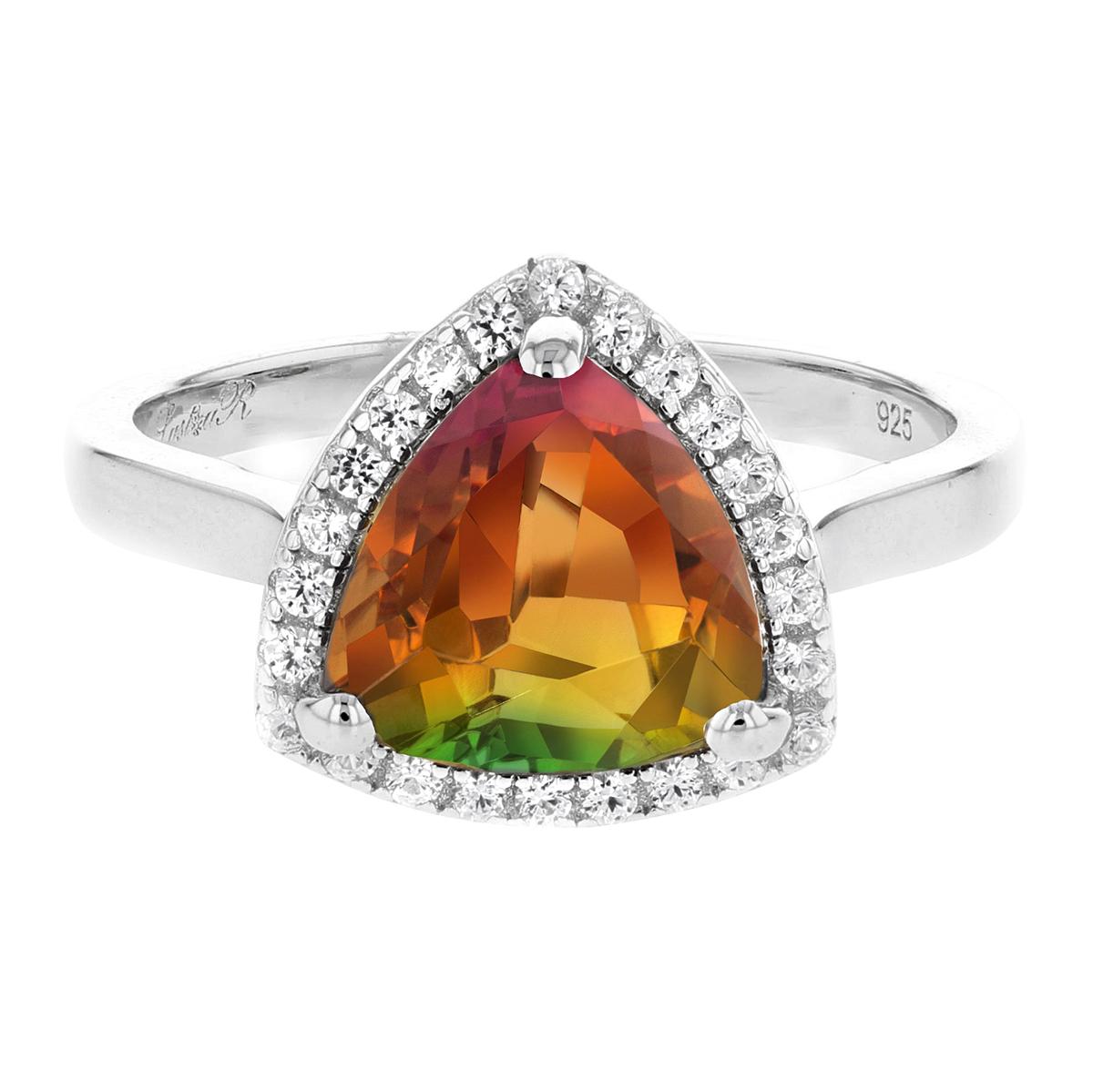 SILVER TRILLION CUT LUSTERINE RING WITH WHITE SAPPHIRE HALO