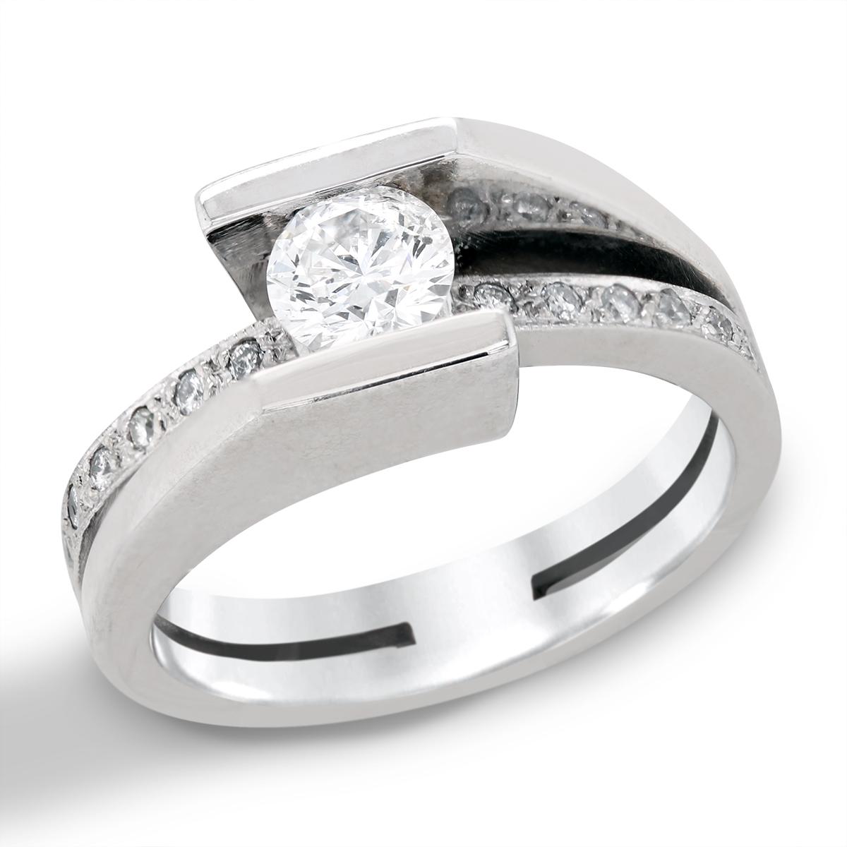 WHITE GOLD BYPASS STYLE ENGAGEMENT RING WITH 5/8 CARAT CENTER DIAMOND, 1/7 CT TW