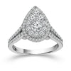 WHITE GOLD STATEMENT RING WITH PEAR SHAPED CLUSTER AND DIAMOND HALO, 1 1/4 CT TW