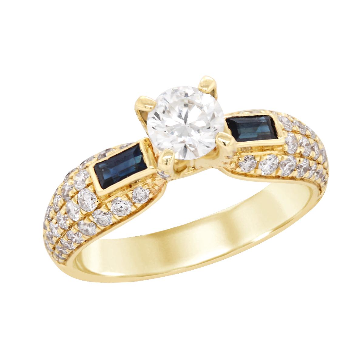 YELLOW GOLD ENGAGEMENT RING WITH DIAMONDS AND SAPPHIRES, .77 CT TW