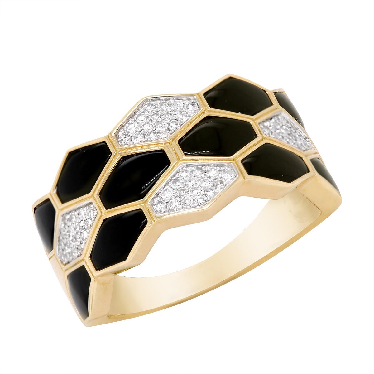 YELLOW GOLD BLACK ONYX AND DIAMOND STATEMENT RING, .19 CT TW