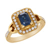 YELLOW GOLD FASHION RING WITH EMERALD CUT BLUE SAPPHIRE AND DIAMOND HALO, .35 CT TW
