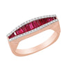 ROSE GOLD FASHION RING WITH BAGUETTE RUBIES AND ROUND DIAMONDS, .13 CT TW