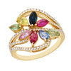 YELLOW GOLD FLORAL STYLE FASHION RING WITH MULTICOLORED GEMSTONES AND DIAMONDS, .41 CT TW