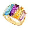 YELLOW GOLD FASHION RING WITH MULTICOLORED GEMSTONES AND DIAMONDS, .06 CT TW