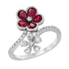 WHITE GOLD FLORAL STYLE RING WITH RUBIES AND DIAMONDS, .39 CT TW