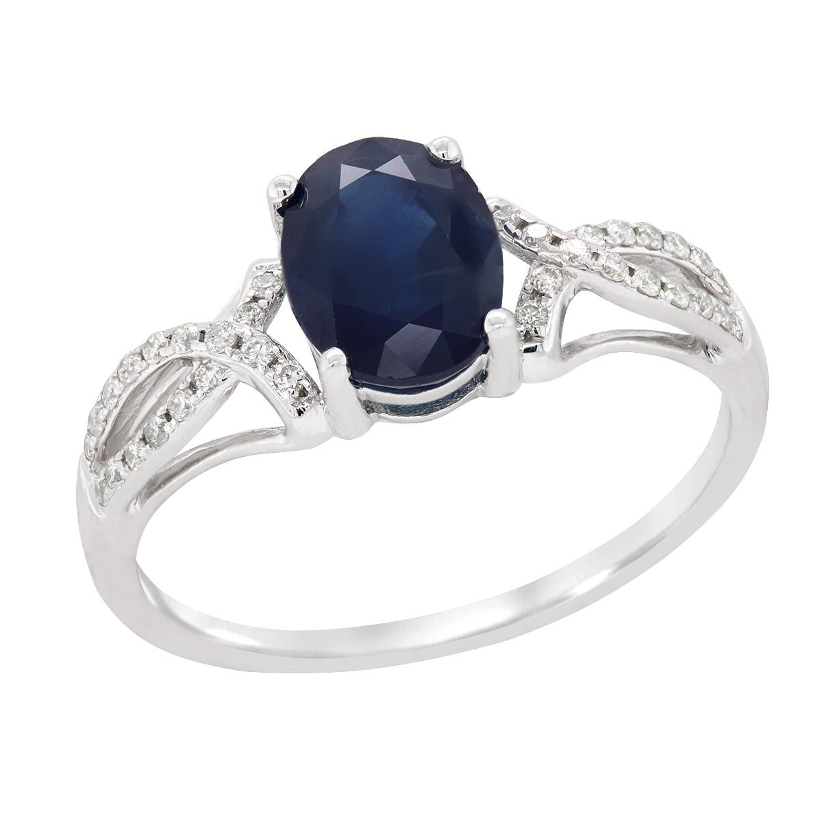 WHITE GOLD OVAL CUT SAPPHIRE RING WITH SPLIT SHANK AND DIAMONDS, .14 CT TW