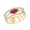 YELLOW GOLD FASHION RING WITH MARQUISE RUBY AND SIDE DIAMONDS, .16 CT TW