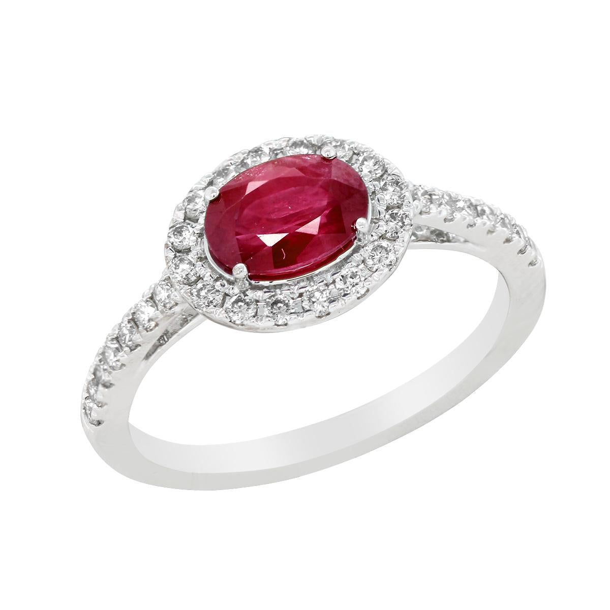 WHITE GOLD FASHION RING WITH OVAL RUBY AND DIAMOND HALO, .33 CT TW