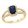 YELLOW GOLD SPLIT SHANK RING WITH EMERALD CUT SAPPHIRE AND DIAMONDS, .45 CT TW