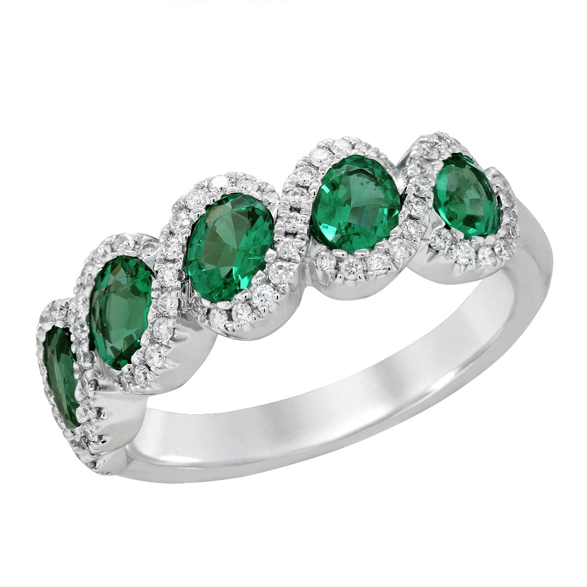 WHITE GOLD FASHION RING WITH OVAL CUT EMERALDS AND DIAMONDS, .25 CT TW