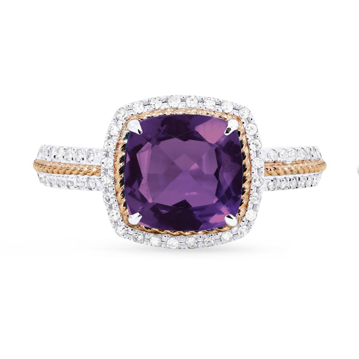 TWO-TONE GOLD FASHION RING WITH CUSHION SHAPED AMETHYST, .17 CT TW