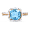 TWO-TONE GOLD FASHION RING WITH CUSHION SHAPED BLUE TOPAZ, .18 CT TW