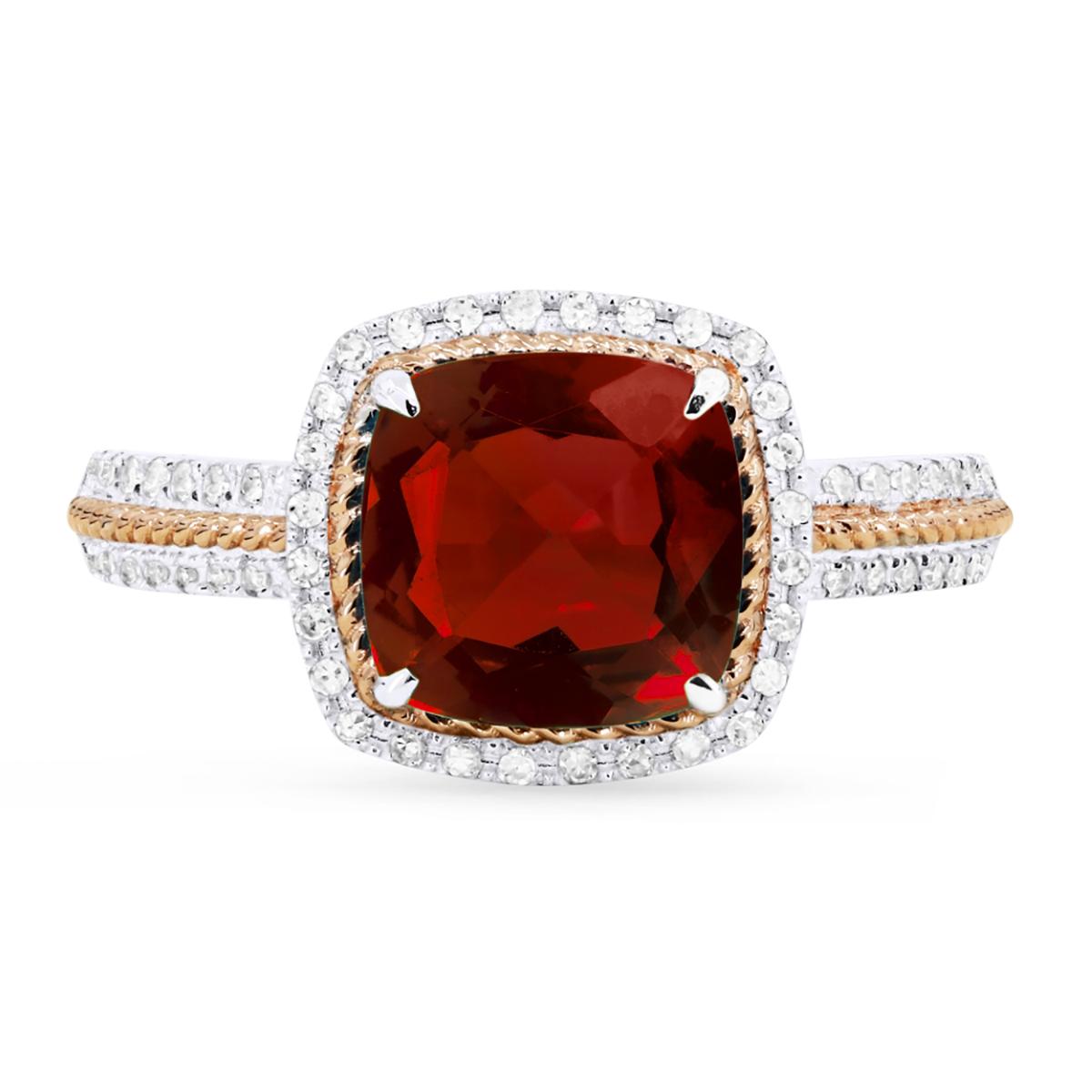 TWO-TONE GOLD FASHION RING WITH CUSHION SHAPED GARNET, .17 CT TW