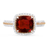 TWO-TONE GOLD FASHION RING WITH CUSHION SHAPED GARNET, .17 CT TW