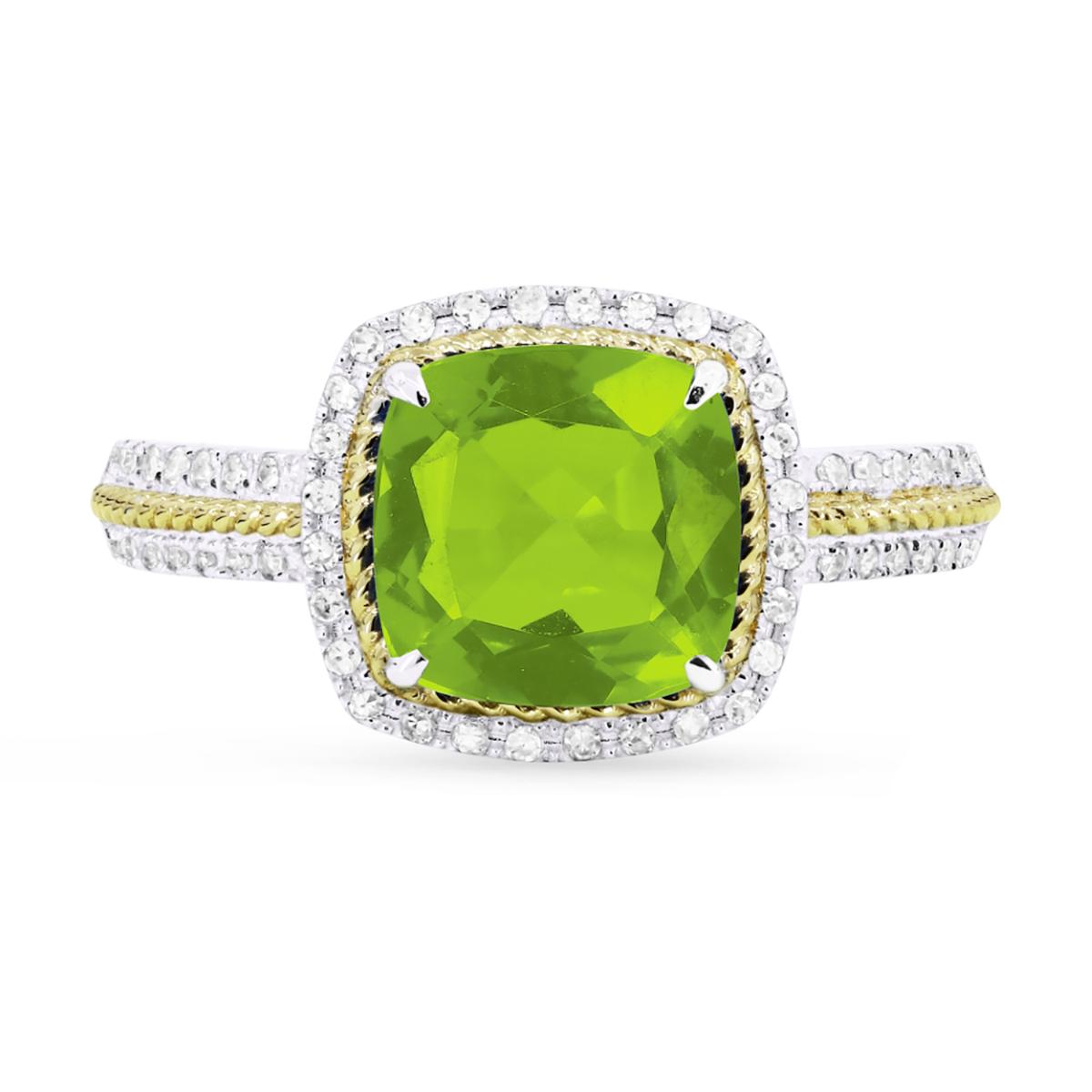 TWO-TONE GOLD FASHION RING WITH CUSHION CUT PERIDOT, .18 CT TW