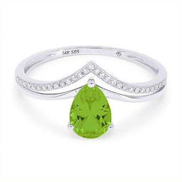 WHITE GOLD FASHION RING WITH PEAR SHAPED PERIDOT CENTER, .06 CT TW
