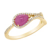 MODERN YELLOW GOLD FASHION RING WITH PEAR SHAPED CABOCHON CUT RUBY AND SIDE DIAMONDS, .14 CT TW