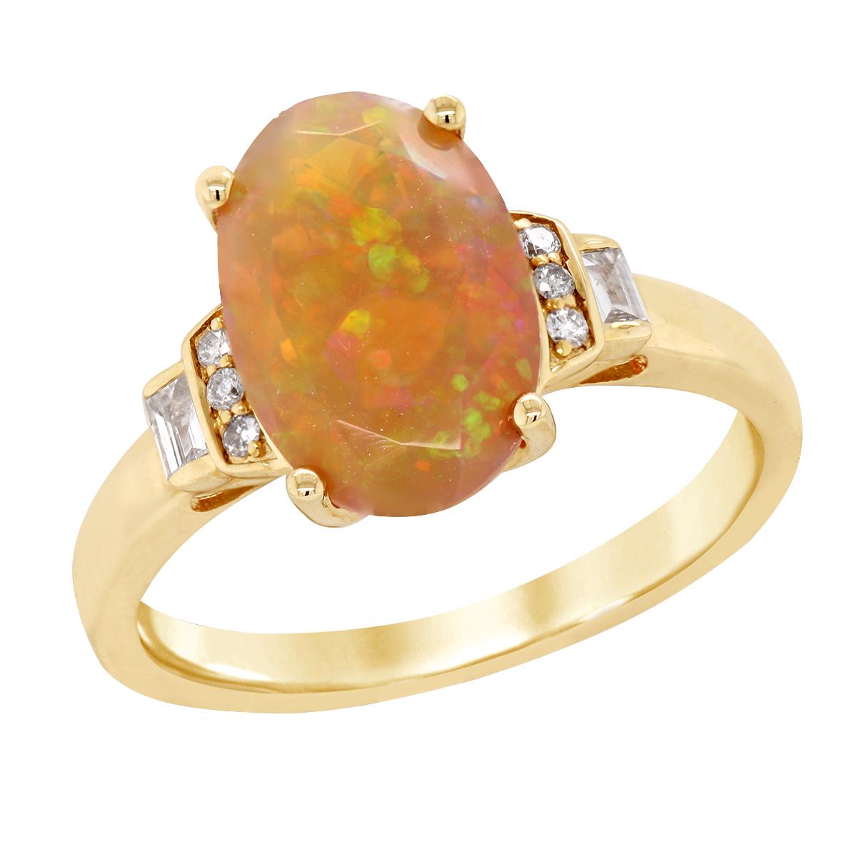 YELLOW GOLD FASHION RING WITH OVAL OPAL CENTER AND SIDE DIAMONDS, .12 CT TW