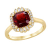 YELLOW GOLD RING WITH CUSHION SHAPED GARNET AND DIAMOND HALO, .21 CT TW