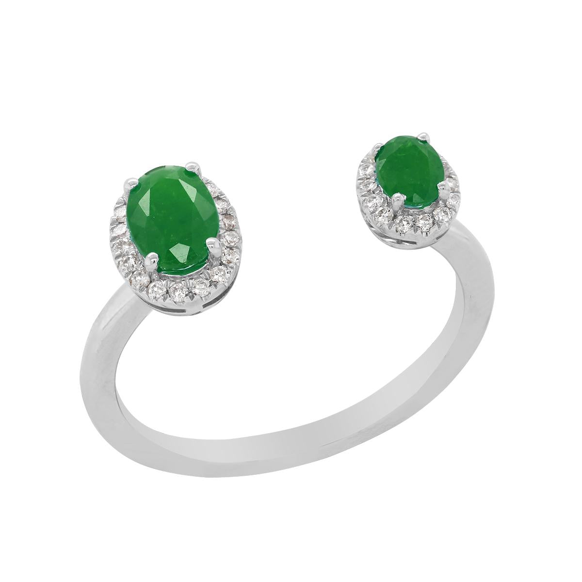 WHITE GOLD EMERALD FASHION RING WITH DIAMOND HALOS, .11 CT TW