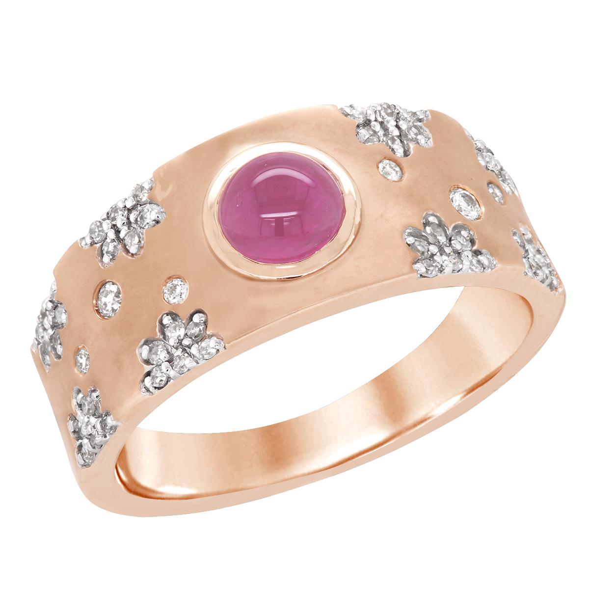 ROSE GOLD FASHION RING WITH CABOCHON CUT PINK SAPPHIRE AND ROUND DIAMONDS, 1/7 CT TW