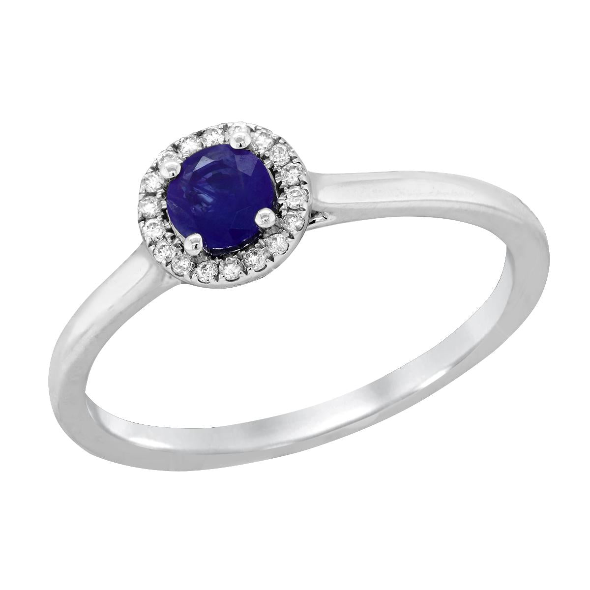 WHITE GOLD SAPPHIRE RING WITH DIAMOND HALO, .05 CT TW