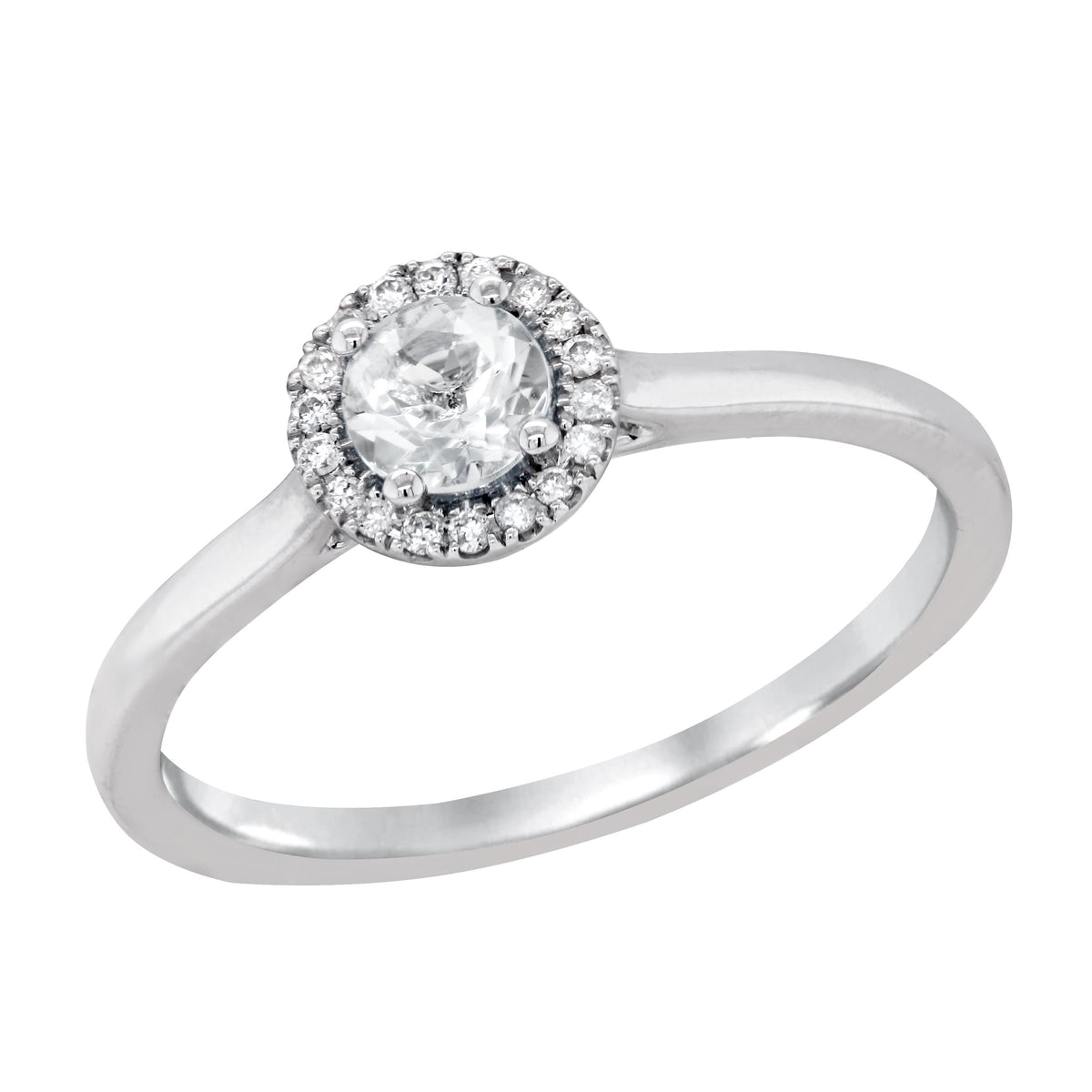 WHITE GOLD WHITE SAPPHIRE RING WITH DIAMOND HALO, .05 CT TW