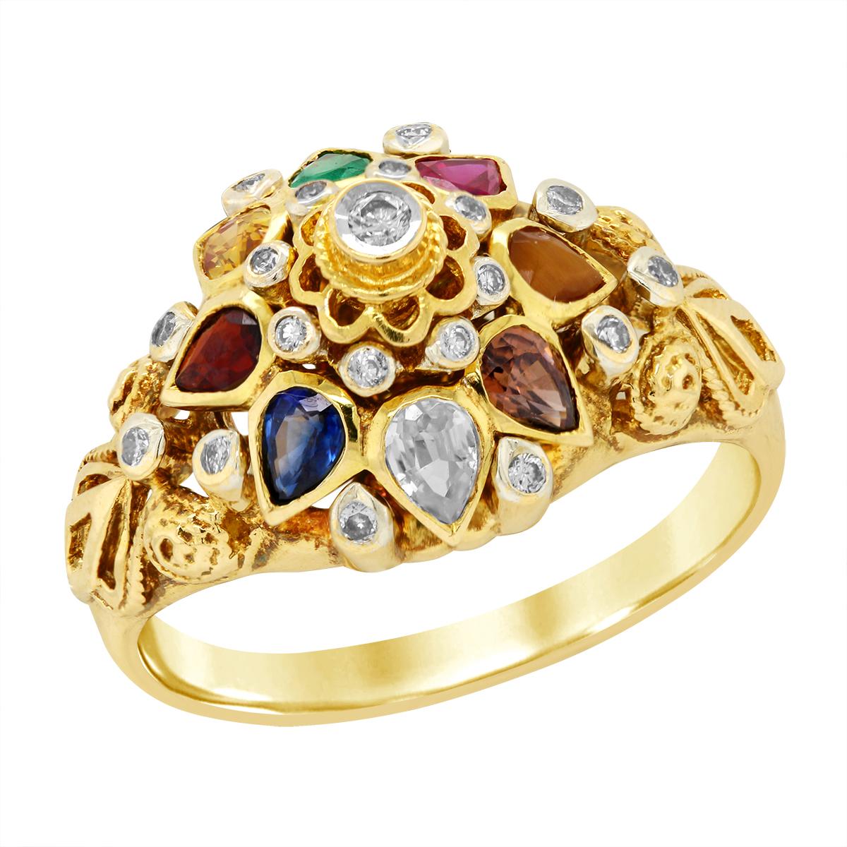 YELLOW GOLD MULTI-COLORED GEMSTONE FASHION RING WITH DIAMONDS, 1/10 CT TW