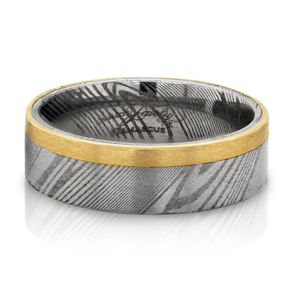 MEN&#39;S DAMASCUS WEDDING RING WITH YELLOW GOLD ACCENTS