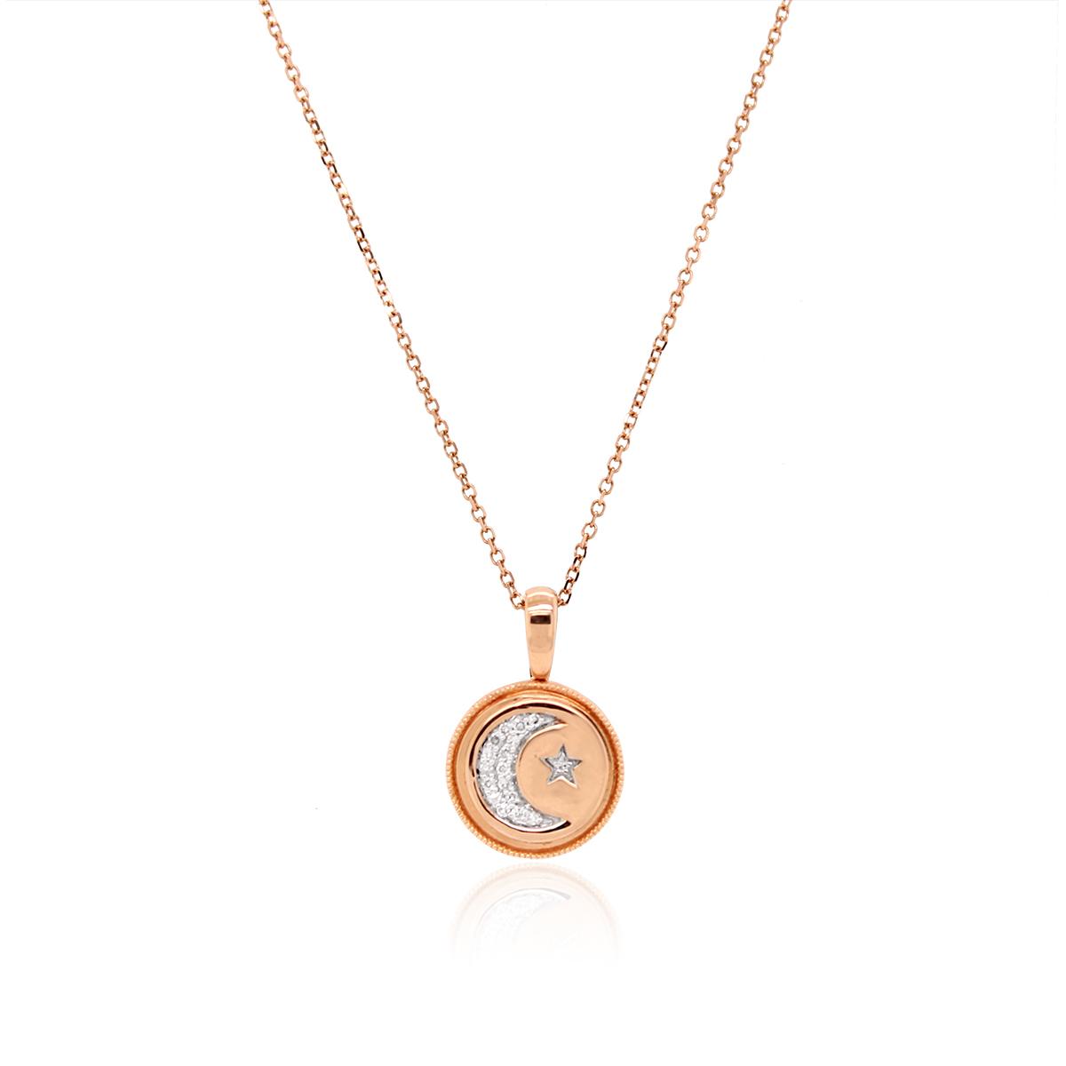 ROSE GOLD CIRCLE PENDANT WITH MOON DESIGN OF DIAMONDS, .05 CT TW