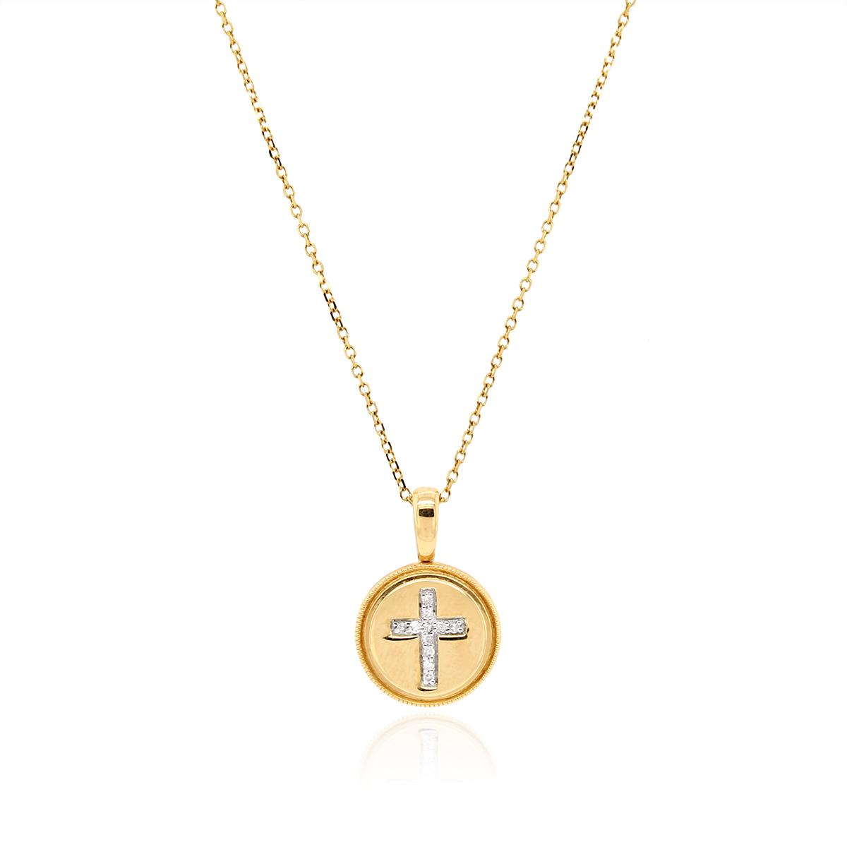 YELLOW GOLD CIRCLE PENDANT WITH CROSS OF DIAMONDS, .03 CT TW