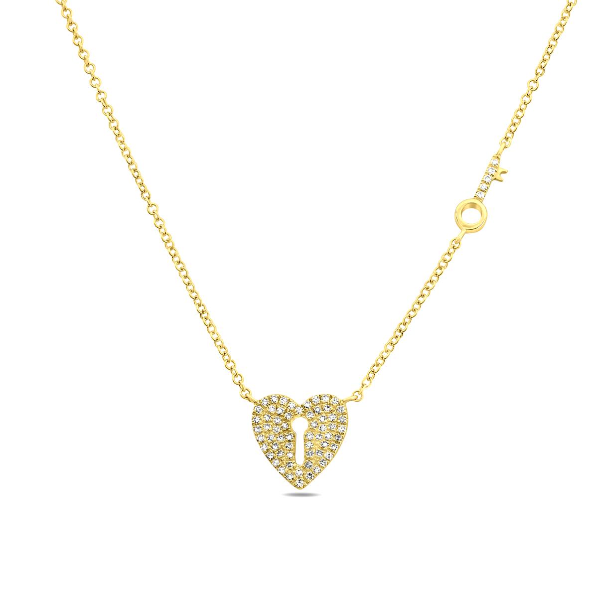 YELLOW GOLD LOCKED HEART AND KEY NECKLACE, .14 CT TW