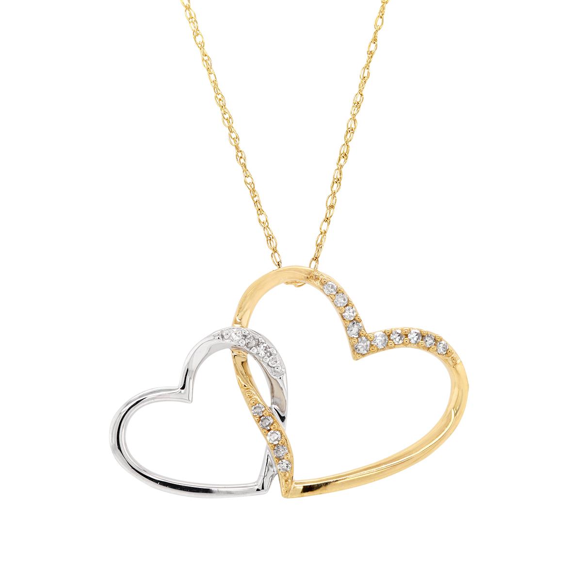 TWO-TONE GOLD DIAMOND DOUBLE HEART PENDANT NECKLACE, .08 CT TW