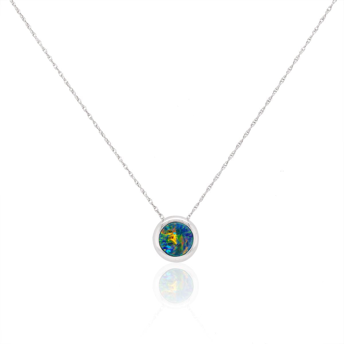 WHITE GOLD CIRCLE OPAL DOUBLET PENDANT NECKLACE