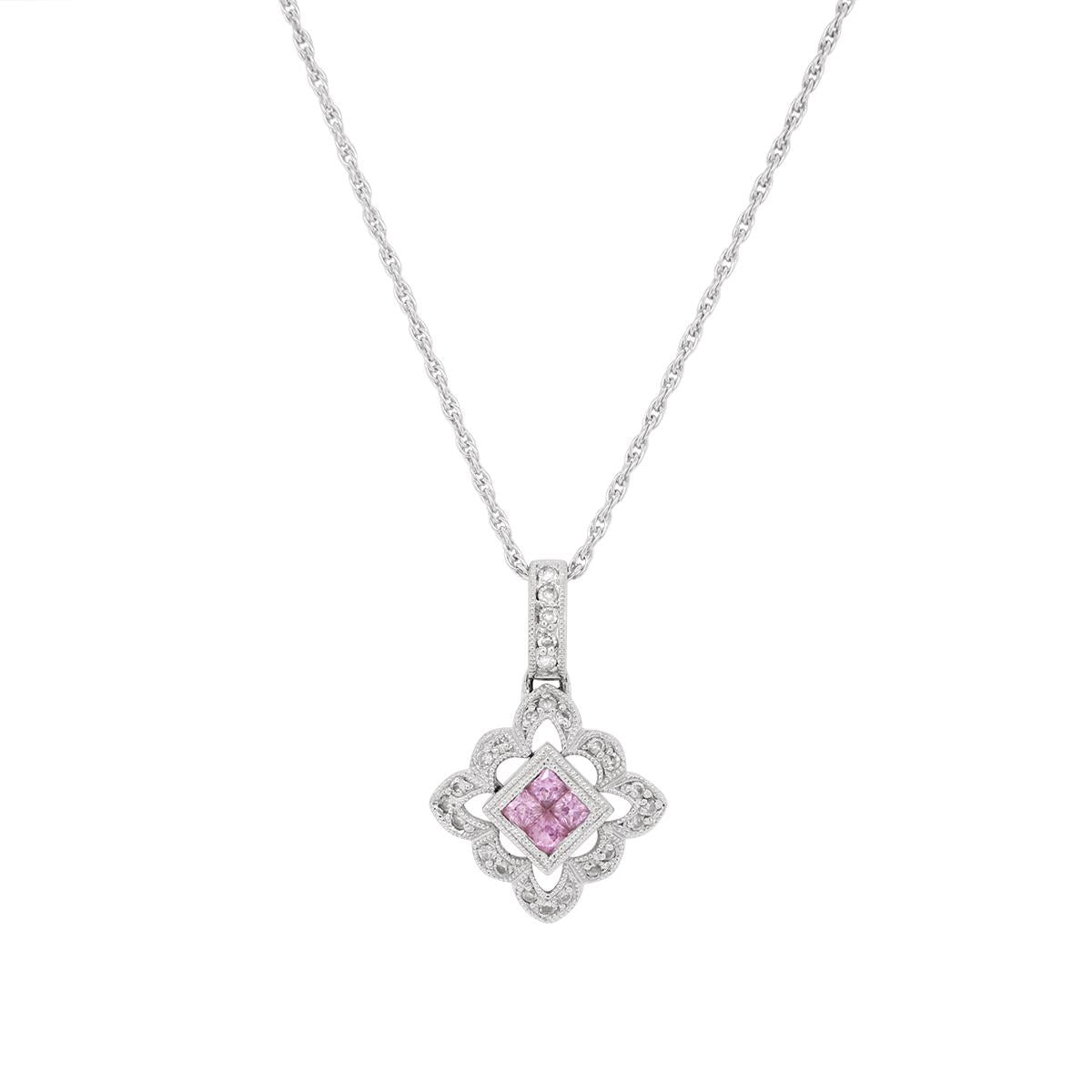 WHITE GOLD NECKLACE WITH PINK GEMSTONES AND DIAMONDS, 1/5 CT TW