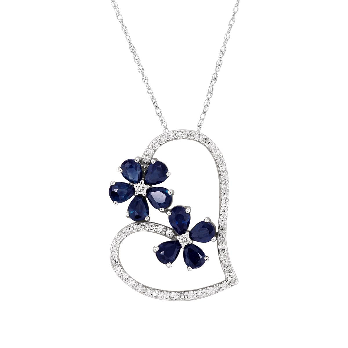 WHITE GOLD SAPPHIRE AND DIAMOND FLORAL HEART PENDANT, .27 CT TW