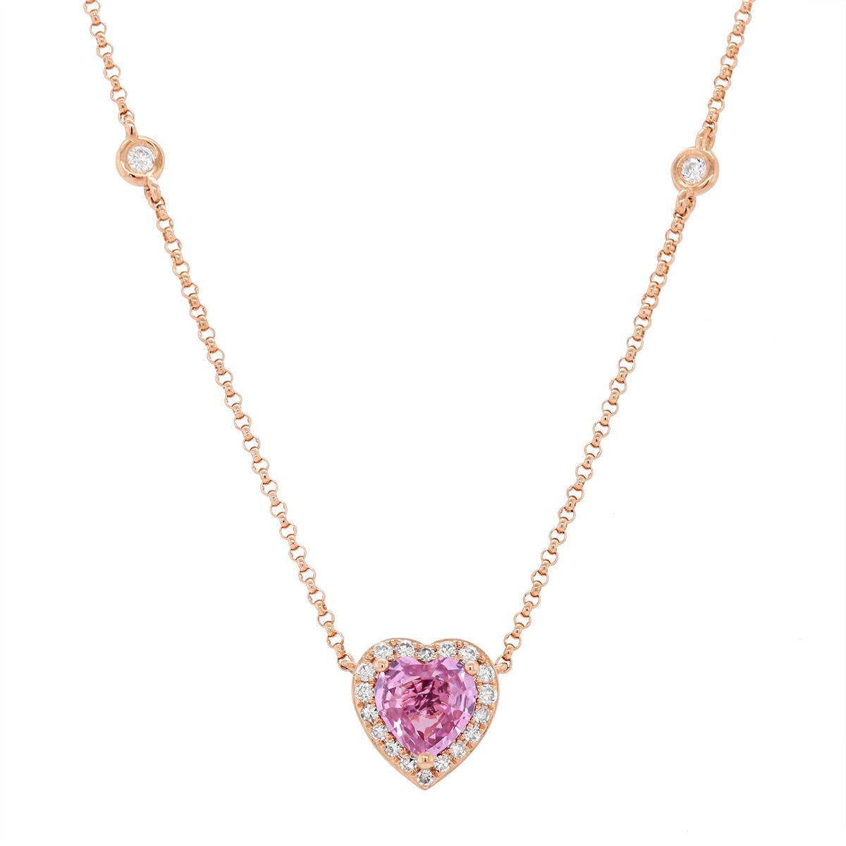 ROSE GOLD PENDANT WITH HEART SHAPED PINK SAPPHIRE AND DIAMOND HALO, .18 CT TW